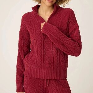 NEW PJ SALVAGE COZY CHENILLE CABLE KNIT QUARTER ZIP PORT BURGUNDY - medium